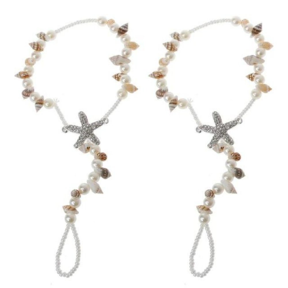 Rhinestone Embellished Starfish, Seashells & Pearls Barefoot Beach Bride Sandals